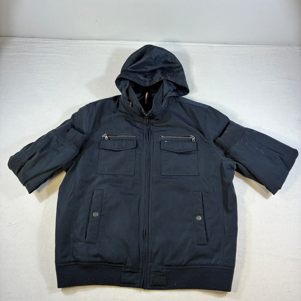 Tommy Hilfiger Jacket Mens XL Navy Blue Hooded Bomber Puffer Full Zip Heavy Coat